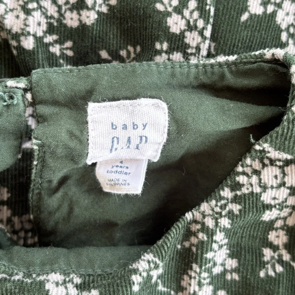 Baby Gap Green Corduroy‎ Dress Girls 4T Fall Winter Foral Lined Holidays Cotton